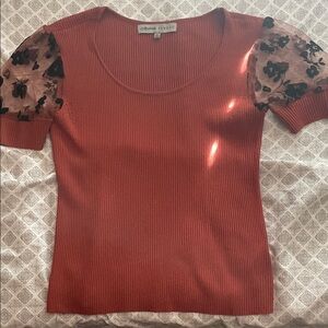 Absolutely famous Women's Rust Blouse with Sheer Black Floral Sleeves